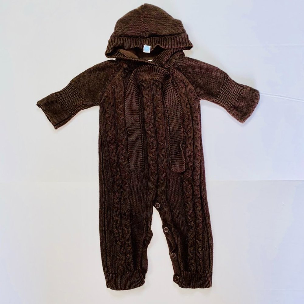 Beba Bean Knitted Chocolate coloured Hooded Romper Size 3-6 months